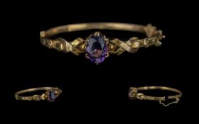Edwardian Period 1901 - 1910 Pleasing Quality Ladies 9ct Gold Amethyst Set Ornate Bangle with safety
