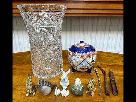 Small Assortment of Collectibles, comprising a tall cut glass vase, 13'' high x 8.5'' diameter, (a/