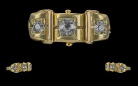 Antique Period - Pleasing 18ct Gold 3 Stone Diamond Set Ring. Well Designed Setting / Shank,