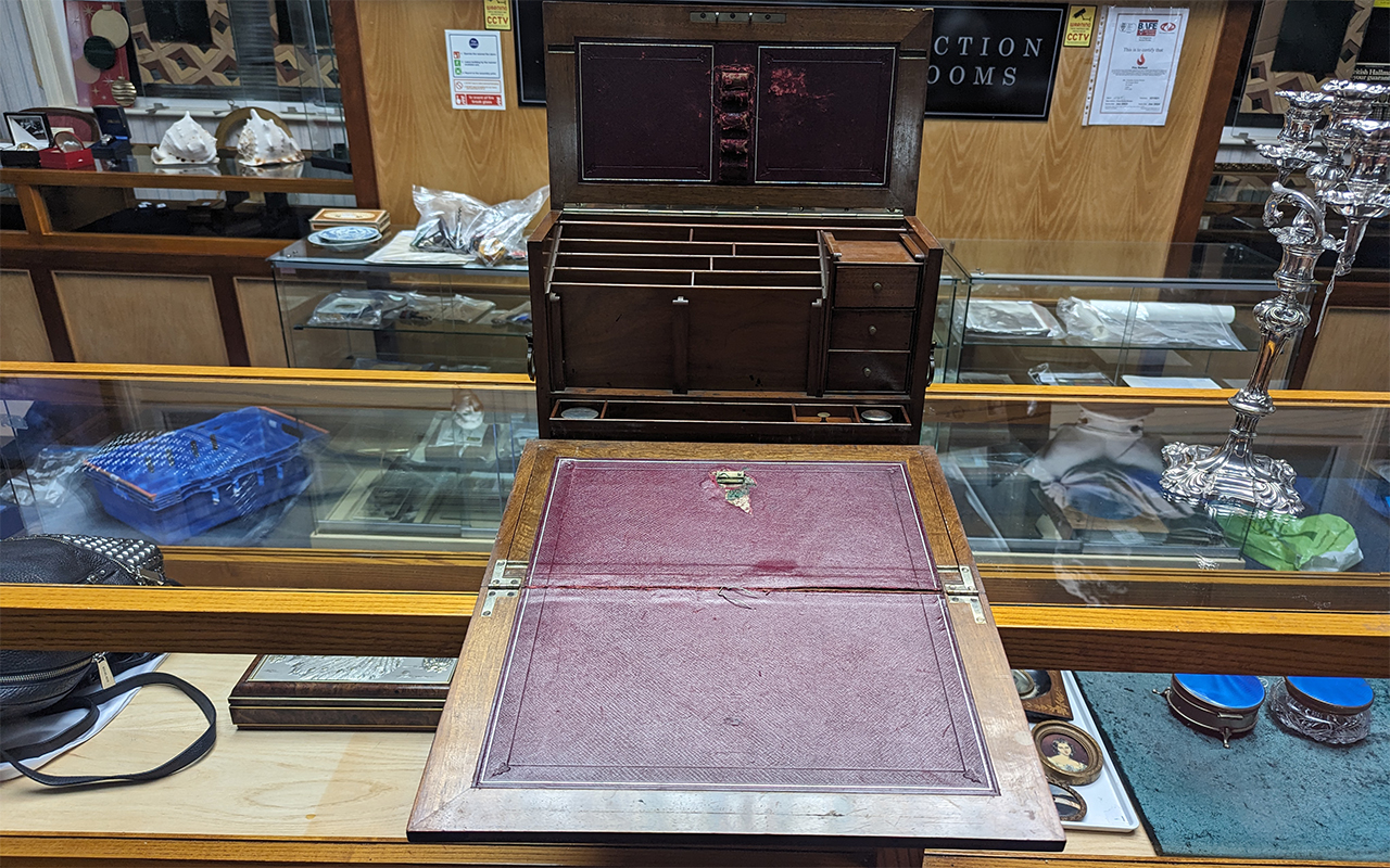 A Victorian Burr Walnut Compendium Writing Slope forefront with leather writing slope, various - Image 2 of 2