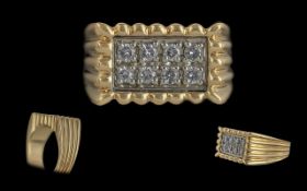 Gents - Heavy 14ct Gold Heavy Diamond Set Dress Ring. Ribbed Designed Shank. Set with 8 Matched