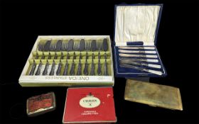Box of Assorted Collectibles, including boxed set of butter knives, boxed set of fish knives and