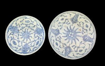 Two Oriental Shipwreck Plates, 6'' and 7.5'' diameter, Oriental marks to base. Blue and pale grey