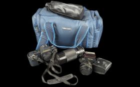 Canon T50 Camera in fitted Miranda soft carry case, complete with Canon lens, and accessories.