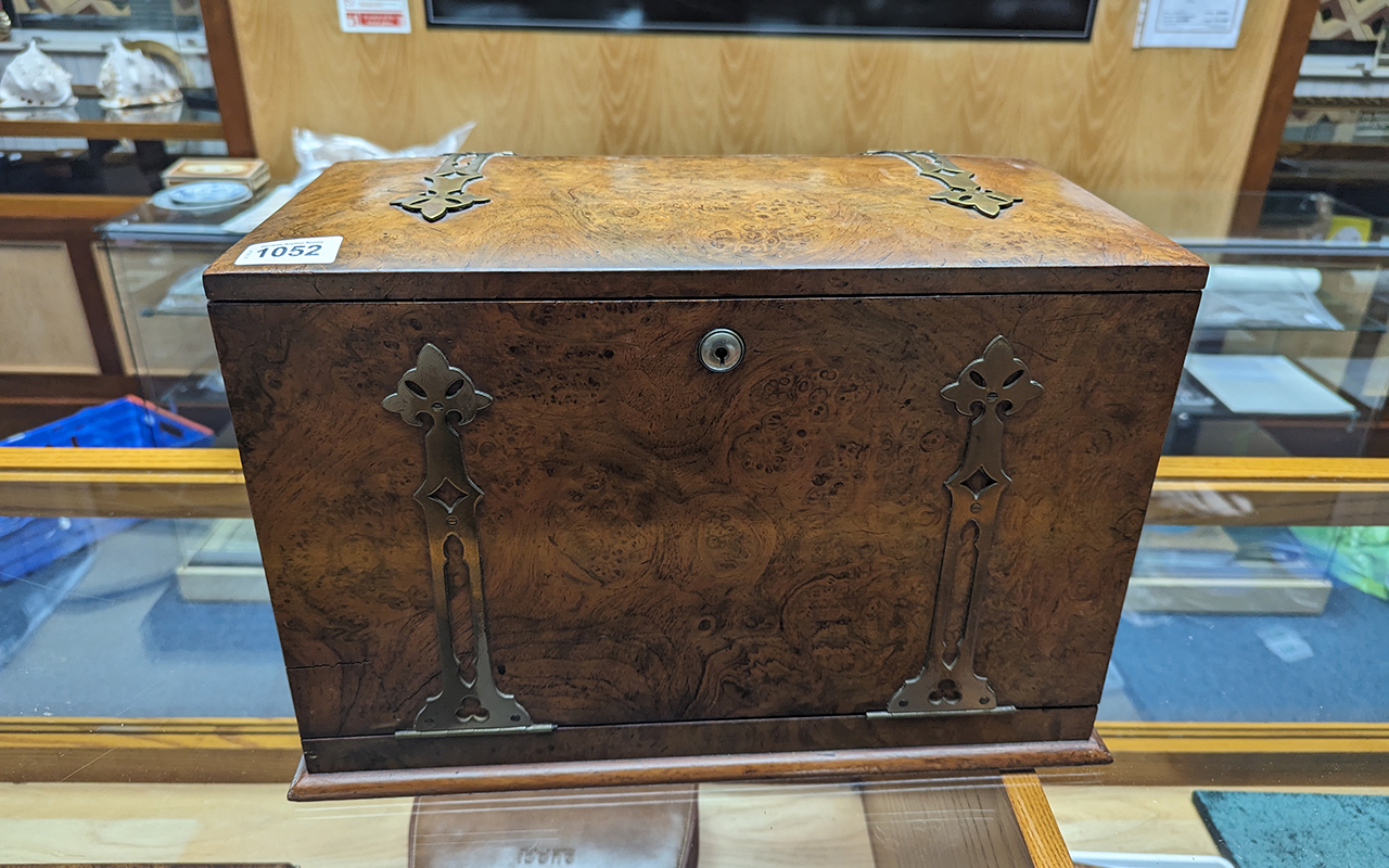 A Victorian Burr Walnut Compendium Writing Slope forefront with leather writing slope, various