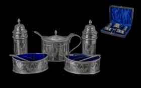 Edwardian Period Excellent Quality Boxed ( 8 ) Piece Sterling Silver Cruet Set, With Blue Velvet