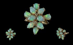 Ladies - Attractive 9ct Gold Opal and Diamond Set Cluster Dress Ring. Full Hallmark to Interior of