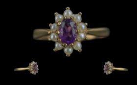 Ladies - Attractive 9ct Gold Amethyst and Seed Pearl Set Dress Ring. Full Hallmark to Interior of