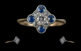 Antique Period - Pleasing 18ct Gold and Platinum Blue Sapphire and Diamond Set Ring of Excellent