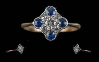 Antique Period - Pleasing 18ct Gold and Platinum Blue Sapphire and Diamond Set Ring of Excellent