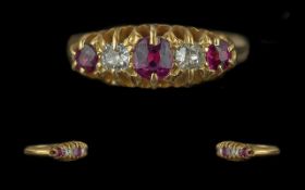 Victorian Period 1837 - 1901 Ladies 18ct Gold Pleasing 5 Stone Ruby and Diamond Set Ring. Gallery