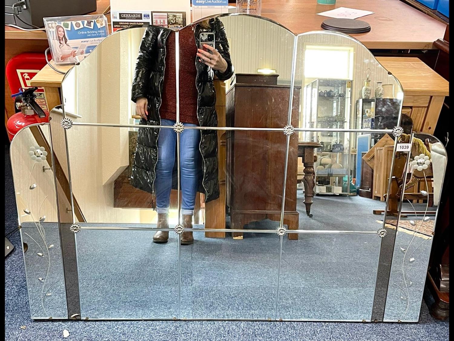 1950's Over Mantle Mirror, rectangular form with shaped top. Measures 36'' high x 48'' wide.