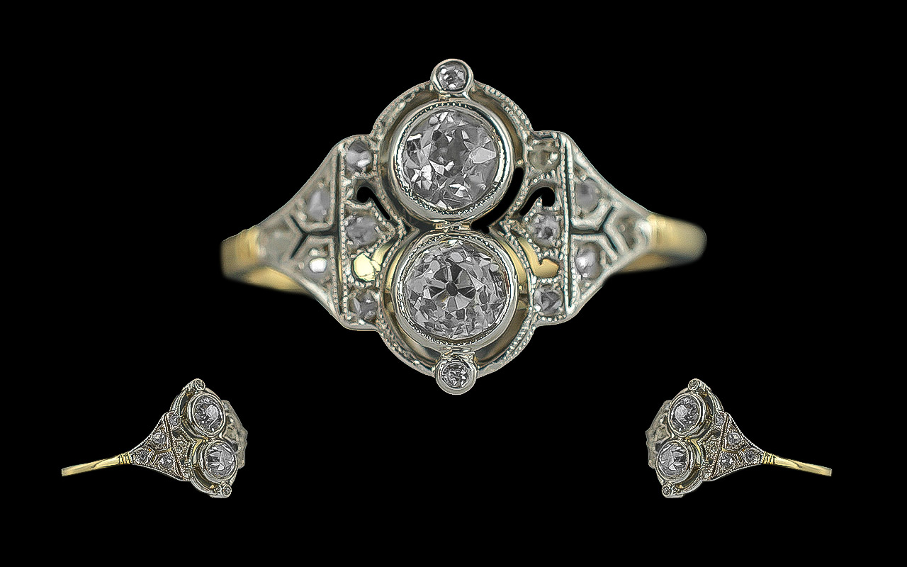 Art Deco Period Attractive 14ct Gold Petite Diamond Set Dress Ring - Excellent Design. Marked To