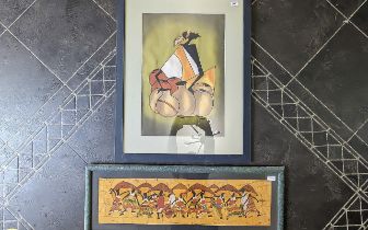 Pair of African Signed Pictures, comprising a large black framed fabric painted image of an