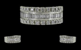 Ladies 18ct White Gold Contemporary Baguette and Brilliant Cut Diamond Set Ring - Full Hallmark To