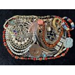 A Collection of Vintage Costume Jewellery to include necklaces, pearls, brooches, gold tone