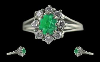 Ladies 14ct Gold Attractive Emerald And Diamond Set Dress Ring - Marked 585 To Shank. The Central