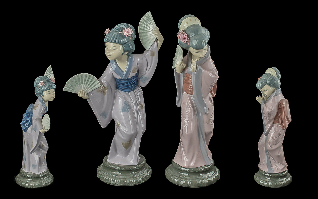 Lladro Pair of Hand Painted Porcelain Figure ' Geisha Girls ' Comprises 1/ Japanese Girl with Fan,