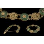 Chinese - Fine Quality 18ct Gold Jade Stone and Dragon Design Set Bracelet.