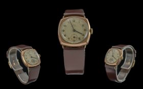 Record Gents 9ct Rose Gold Mechanical Cushion Shape Fifteen Jewels Wrist Watch, circa 1950s,