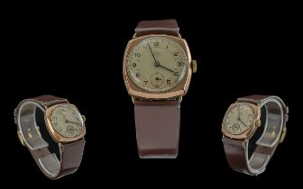 Record Gents 9ct Rose Gold Mechanical Cushion Shape Fifteen Jewels Wrist Watch, circa 1950s,