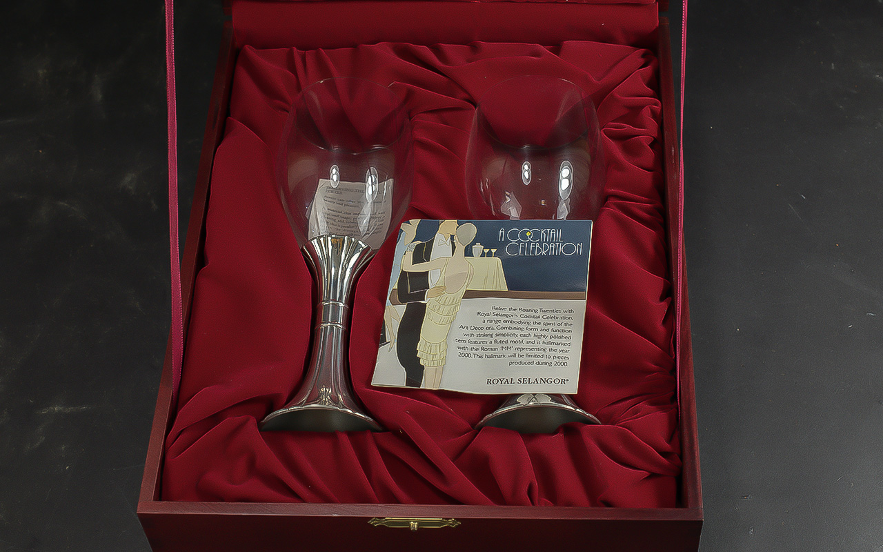 Pair of Royal Selangor 'Cocktail Collection' pewter stemmed glasses, 8'' high, boxed in red velvet