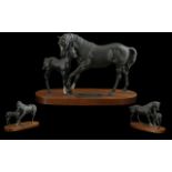 Beswick Hand Painted Horse Figure - 'Black Beauty And Foal' Raised On Wooden Plinth. Designer Graham