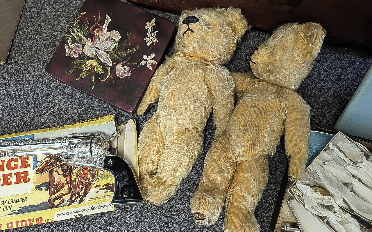 Large Metal Chest containing collectibles, including two vintage teddy bears, a pair of - Image 3 of 4