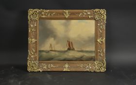 19th Century Oil on Board Seascape, boats in rough sea, housed in moulded frame. Image measures