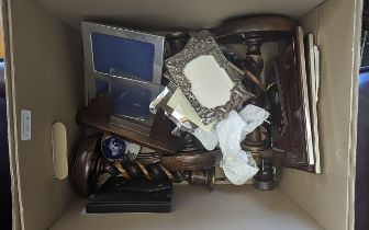 Box of Miscellaneous, including plated photo frames, barley twist candlesticks, an oak framed