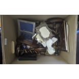 Box of Miscellaneous, including plated photo frames, barley twist candlesticks, an oak framed