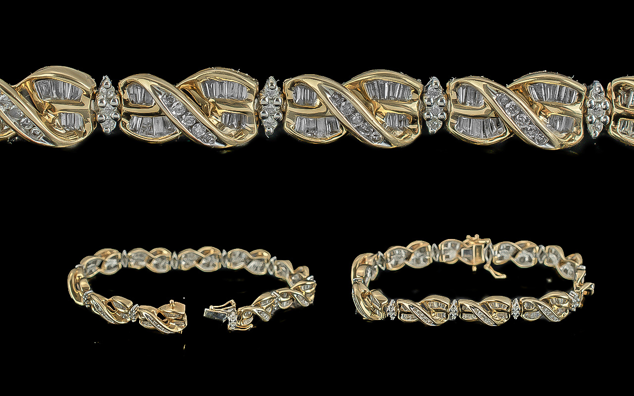 Ladies Superb Quality 14ct Gold Brilliant and Baguette Cut Diamond Bracelet, marked 585 - 14ct,