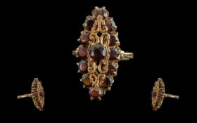 Ladies - Pleasing 18ct Gold Ruby Set Boat Shaped Cluster Ring, with Excellent Open worked Setting.