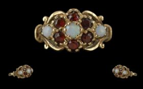 Elizabeth II Attractive Opal and Garnet Set Ring - Full Hallmark To Interior Of Shank.