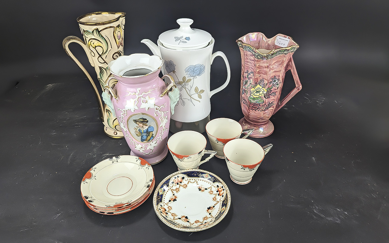 Box of Assorted Pottery & Porcelain, to include an Arthur Wood jug, Wade jug, tea pot, Art Deco