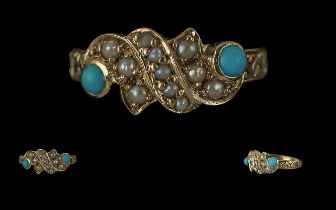 Ladies Antique Period Pleasing 9ct Gold Turquoise and Seed Pearl Ring - Full Hallmark To Interior