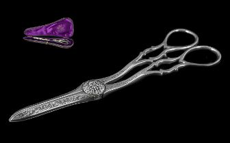 Pair of Victorian Silver Grape Scissors, fully hallmarked Birmingham P, maker's mark J.G. Engraved