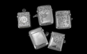 A Collection of Five Silver Vesta Cases, various designs, some engraved.