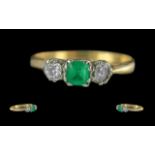 Ladies 18ct Gold Pleasing 3 Stone Emerald And Diamond Set Ring - Good Design, Marked 18ct To