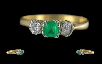 Ladies 18ct Gold Pleasing 3 Stone Emerald And Diamond Set Ring - Good Design, Marked 18ct To