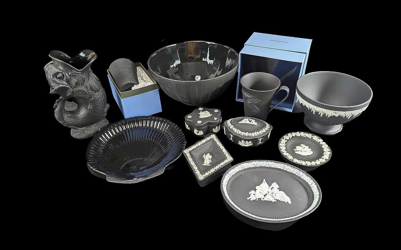 Quantity of Wedgwood Black Basalt, to include vases, trinket pots, Dolphin Gurgle Vase,Josiah