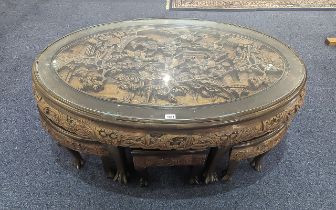 Oriental Style Glass Topped Coffee Table, with six smaller side tables beneath Large table