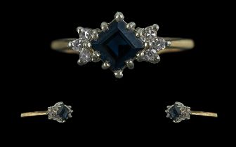 9ct Gold Sapphire & Diamond Set Ring, weight 2.0 grams, Ring Size M. Diamond shape sapphire with