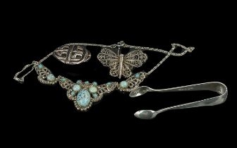 A Collection of Vintage Silver Items to include silver filigree brooch, sugar tongs hallmarked for