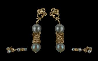 Ladies Fine Pair of 14ct Gold and Pearl Set Earrings, marked 14ct, rope twist design, excellent