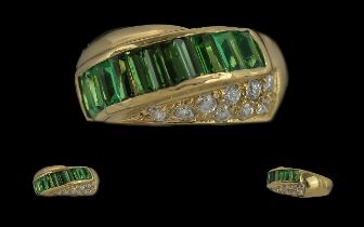 18ct Gold Pleasing / Attractive Contemporary Emerald and Diamond Set Ring. Marked 750 to Shank.