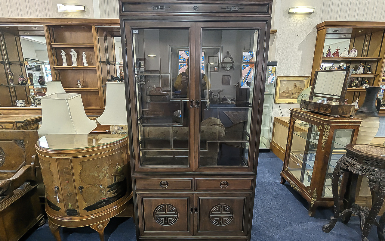 Chinese Style Cherrywood Display Cabinet, glazed doors and sides, above two drawers and storage
