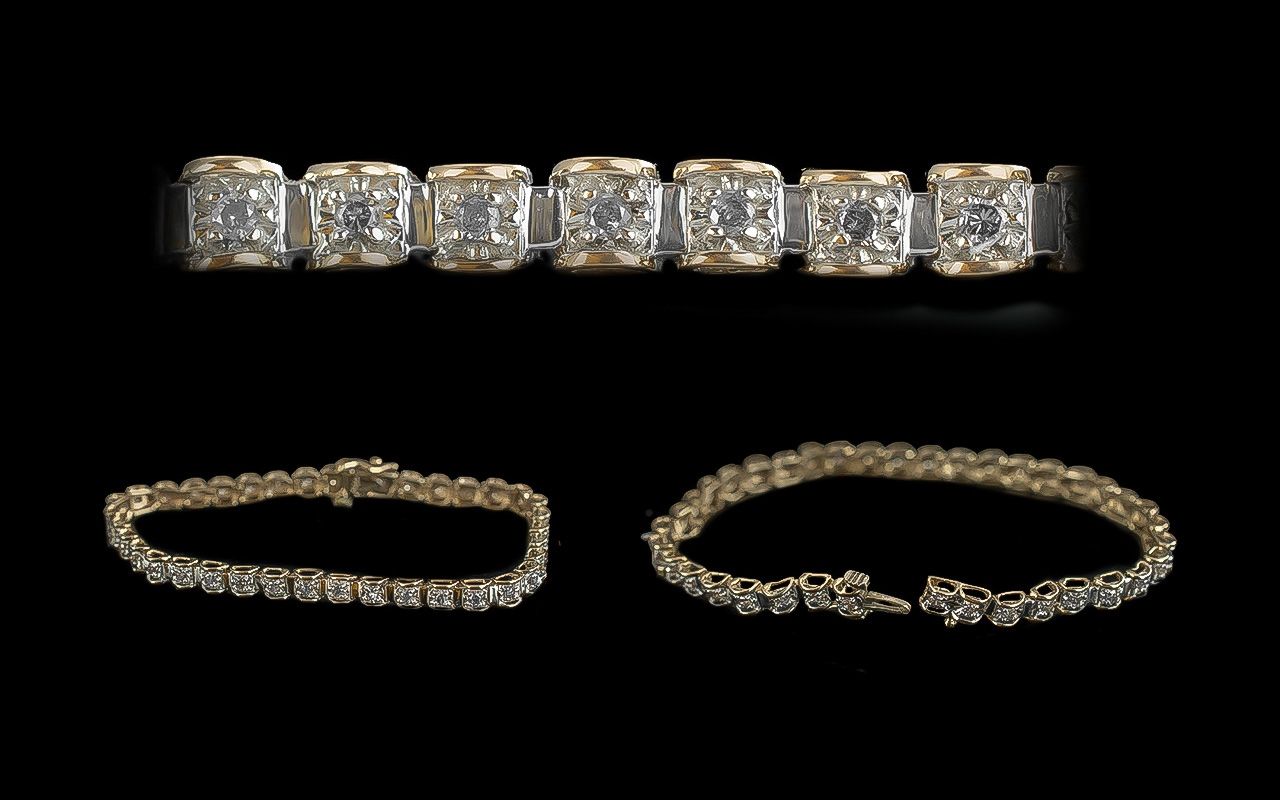 9ct Gold Diamond Set Line Bracelet. Full Hallmark to Clasp. Diamond Weight Stamped 1.00 cts, Size