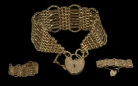 Ladies Superior Quality 9ct Gold Ornate 9 Bar Gate Bracelet - With Heart Shaped Padlock With Chased