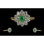 Ladies - Pleasing Quality 18ct Gold Emerald and Diamond Set Ring. Flower head Design. Full
